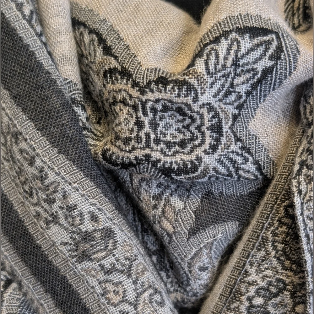 Paisley Fringe Scarf Black and Cream 21x 76